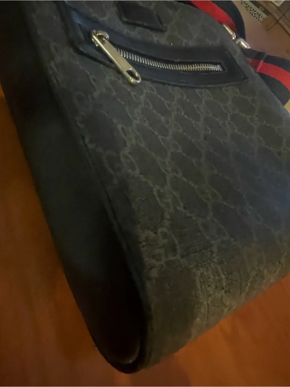 Gucci Navy Monogram Messenger Bag with Red-Blue Web Strap